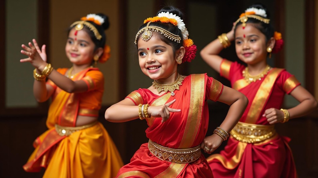 Children learning Bharatanatyam dance with joy and cultural pride at Shrishti Natyalaya